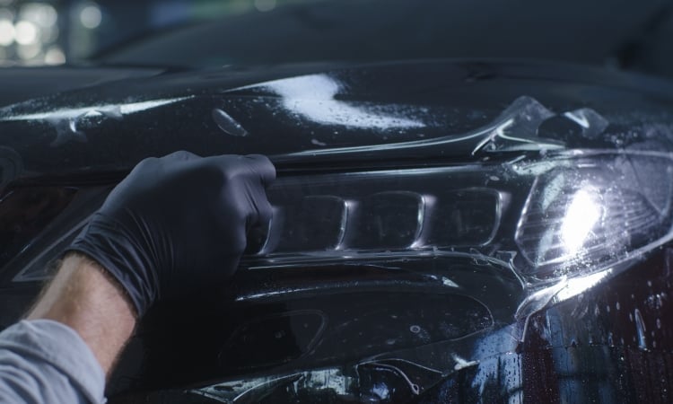 A Technician Applying Clear Bra Car Protection Film on a Black Car in San Antonio, TX