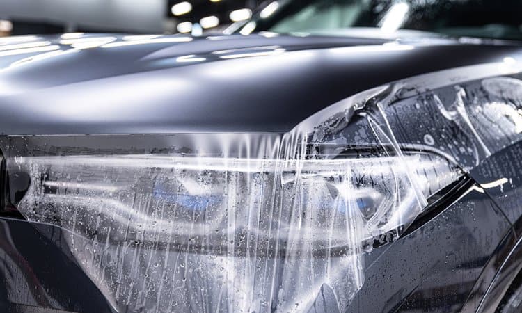 An image of a black car getting paint protection film installed on the hood.