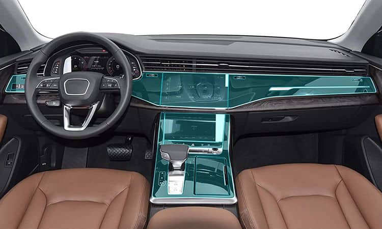 The interior of a car showing protection film areas 